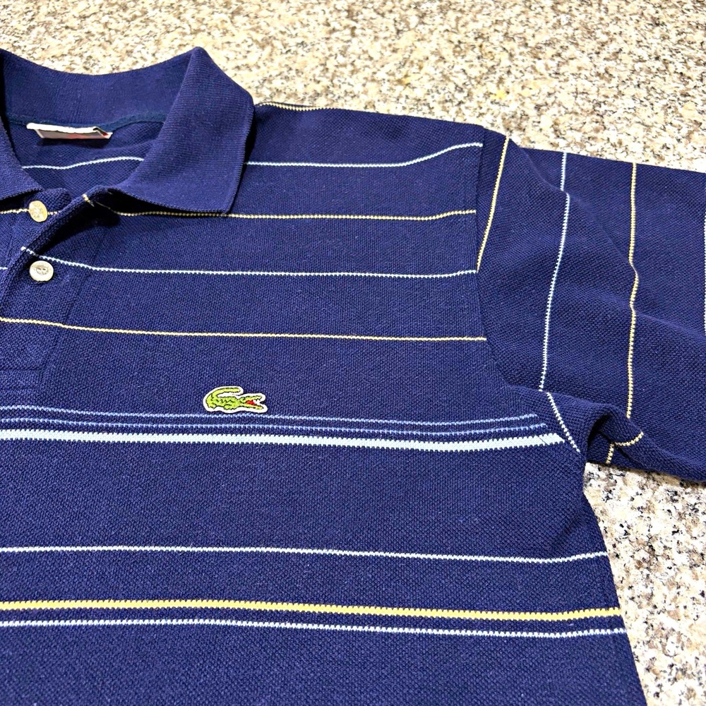 Men's Vintage Lacoste Striped Polo Shirt Size 4 Medium Navy Blue Multi Color